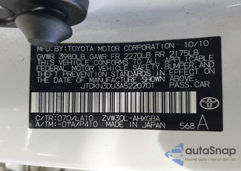 2010 Toyota Prius Iv from USA, damaged, VIN JTDKN3DU3A5220701